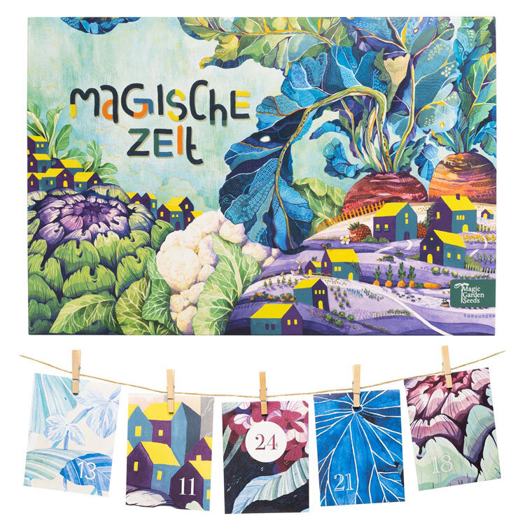Bio-Saatgut-Adventskalender „Magische Zeit“ Bunter Selbstversorgergarten mit Türchenkarten an einer Schnur