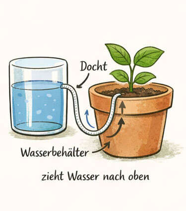 Grafik: Docht leitet Wasser aus einem Glas in die Erde eines Blumentopfs