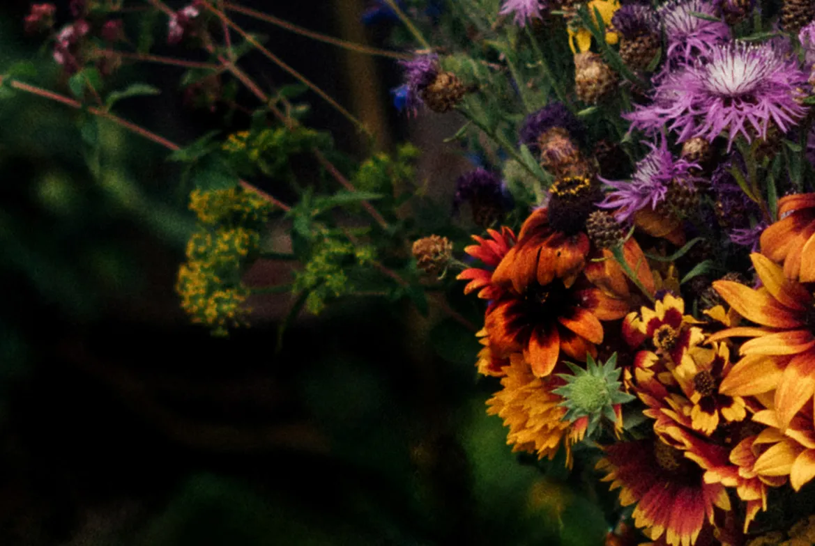 Bunter Strauß aus Sonnenhut, Flockenblumen und Wildblumen