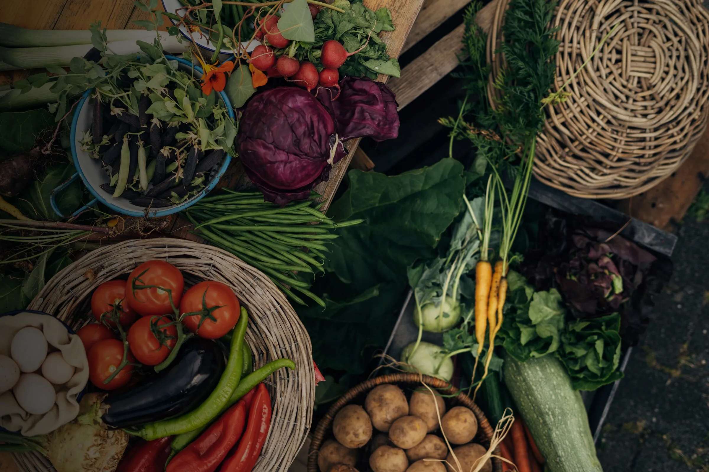 Körbe mit Tomaten, Paprika, Rotkohl und Kartoffeln