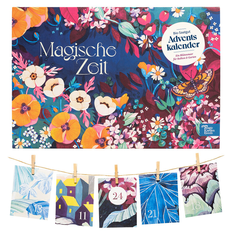 Bio-Saatgut-Adventskalender „Magische Zeit“ mit Blumenmotiv, darunter Türchenkarten an einer Schnur
