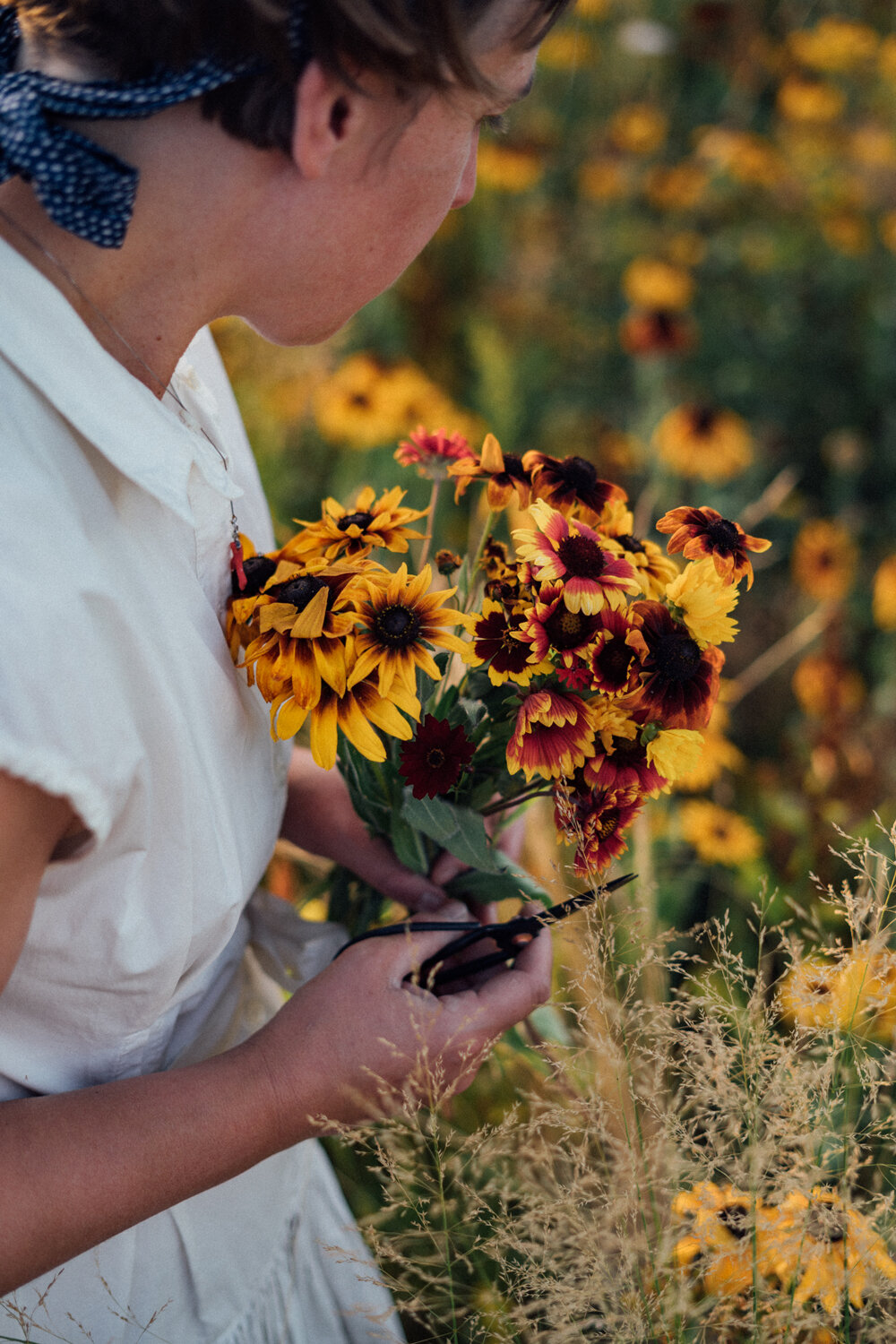 Eine Frau schneidet Blumen für einen Blumenstrauss